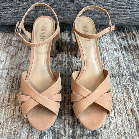 Schutz Keefa Platform High Heeled Chunky Sandal Peep Toe Honey Beige Nubuck Sz 9 - Picture 2 of 8